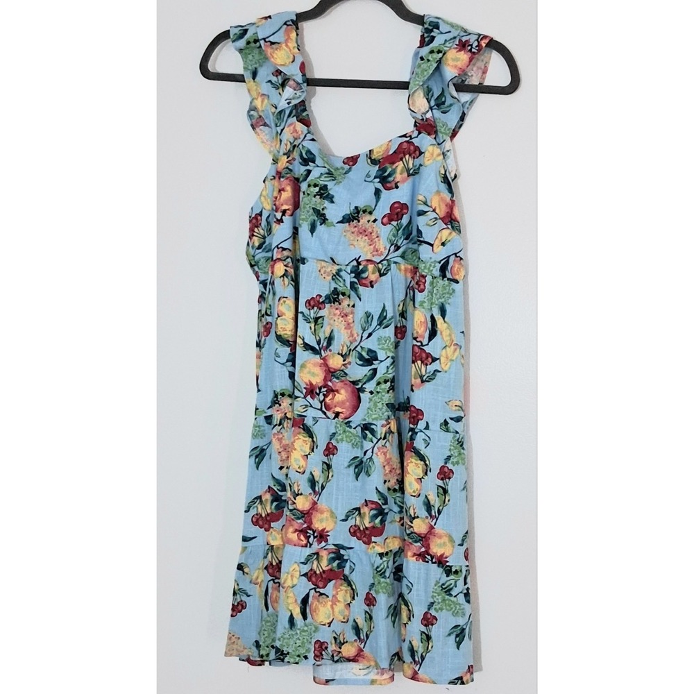 LC‎ Lauren Conrad Dress Size Small Blue Fit & Flare Ruffle Sleeve Fruit Tie Back
